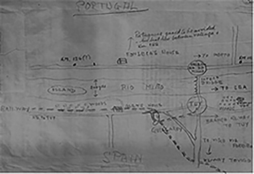 Figure 2 Dr Martínez Alonso’s sketch of the escape route into Portugal from Galicia (1943). The National Archives, HS9/26/5.