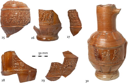 FIG. 9 Raeren stoneware panel jugs from WLO-155 and WLO-370 assemblages (1595-1597/1601): peasant dance, dating to (15) 85 (25. WLO-370#053); Susanna (26. WLO-370#054, 27. WLO-370#055, 29. WLO-370#058), one dating 1584 (26), archangel Gabriel (28. WLO-370#056), peasant dance, dating to (15) 90 (30. WLO-155-271) (photographs, Wiard Krook, Monuments and Archaeology, City of Amsterdam). 