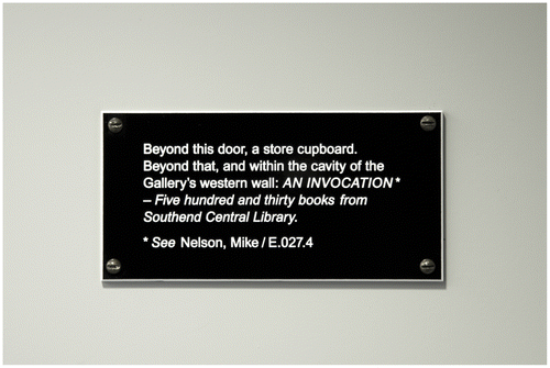 Figure 3 Mike Nelson, An Invocation: Five Hundred and Thirty Books From Southend Central Library, plaque marking the location of a permanent installation of hidden library books, 2013. Courtesy: Focal Point Gallery.