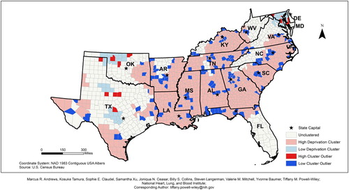 Figure 5. 2010 Southeastern states neighborhood deprivation Anselin Moran's I results.