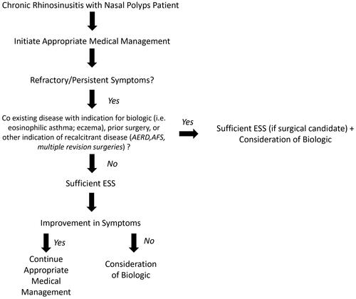 Figure 1 Algorithm proposed by authors for use of biologics in the management of chronic rhinosinusitis with nasal polyps.