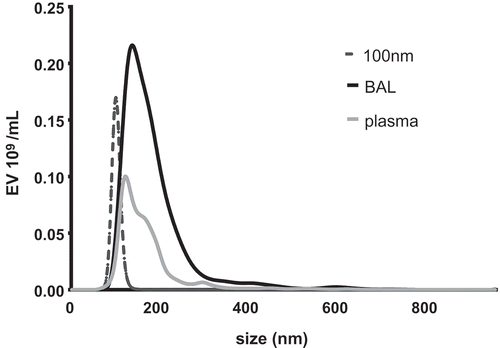 Figure 4. NTA of EVs in murine plasma and BAL fluid. Duplicate samples of EVs from both diluted mouse bronchoalveolar lavage (BAL) and plasma were each analysed by NTA independently five times for 40 s. Depicted are representative histograms of average size distributions for mouse BAL (black) and plasma (grey) as well as 100 nm calibration beads (black hashed).