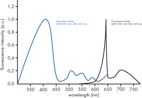 Figure 2. Absorption and fluorescence curves for Protoporphyrin IX.