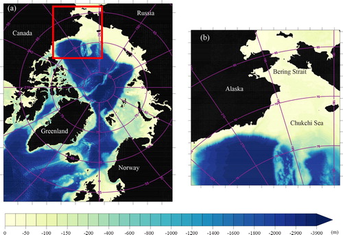 Figure 2. Bathymetry (m) of (a) Pan-Arctic model domain, and (b) high-resolution regional model domain, which includes the Chukchi Sea and Bering Strait. Red rectangle in (a) indicates the location of (b).