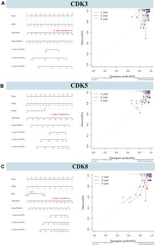 Figure 6 Nomograms and calibration plots predicting the probability of 1-year, 2-year, and 3-year DFS in CRC patients. (A–C) Integration of nomograms and calibration plots for CDK3, CDK5 and CDK8, and other prognostic factors for CRC from TCGA data.