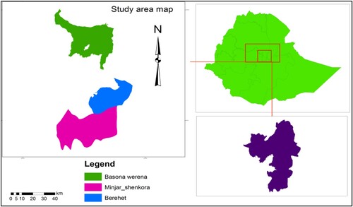 Figure 1. Map of Ethiopia, North Shewa, Basona-Worena, Berehet and Minjar-Shenkora district.