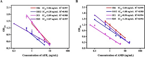 Figure 3. BsMAb were evaluated using ELISA. (A) Standard curve for BsMAb detection of AFB1; (B) Standard curve for BsMAb detection of AMD.