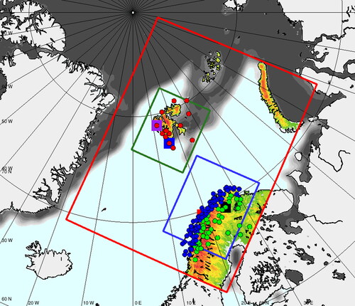 Fig. 1. Regional integration domains. The operational AROME-Arctic/CNTRL-experiment in red, the Svalbard domain in green and the North Norway domain in blue. The Observation sites used for evaluation; inland (green circles), coast and fjords (blue circles) and Svalbard stations (red circles). In addition, individual observation sites used for time series are marked with colored squares—Hornsund (blue), Ny-Ålesund (purple), Tromsø (red) and Karasjok (black). Orography in CNTRL-experiment shown in white/green (0–100 masl) to red colors (more than 1000 masl). Sea ice concentration (8 March 2018) from the operational IFS-HRES is shown in grey with darker shades indicating higher concentrations.