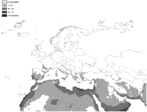 Figure 5. Modelled potential distribution of Eichhornia crassipes under current climate conditions in European and Mediterranean countries. It is assumed that Eichhornia crassipes will always be restricted to waterways within this climatically suitable envelope. Source: Kriticos and Brunel Citation2016 (with permission).