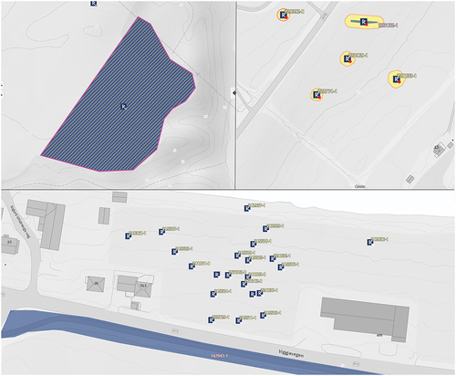 Fig. 1. Examples of site labels and site geometries in Askeladden. Upper left: An ‘unresolved’ site in Verdal, Trøndelag. Upper right: ‘Automatically protected’ find spots in Dønna, Nordland. Lower: ‘Not protected’ find spots with finds predating 1537 in Viggja, Trøndelag.
