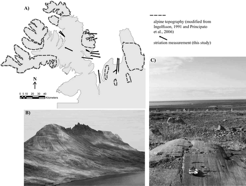 Figure 4 (A) Areas of alpine style glaciation and striation measurements (modified from CitationIngólfsson, 1991, and CitationPrincipato et al., 2006). High topographic features in the alpine regions are areas that could have been ice-free or covered by cold-based ice during the LGM. (B) View of the bedrock ridge (arête) on the western Húnaflói coast between two fjords. (C) View from striated bedrock looking north towards Húnaflói, with a Brunton compass for scale.