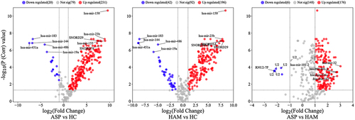 Figure 1. Volcano plots for expressed known sRNA in peripheral blood mononuclear cells (PBMCs) in the three comparison groups. Red (upregulated) and blue (downregulated) circles indicate genes with significant differences, whereas grey circles represent genes without significant differences.