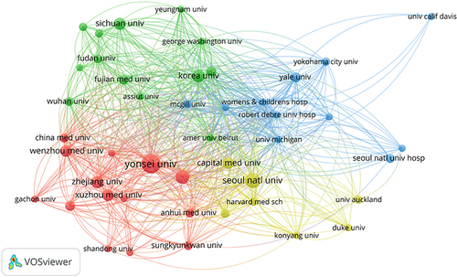 Figure 5 Bibliometric map created using network visualization mode and co-authorship analysis between institutions.