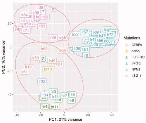 Figure 1. Clustering of the high- and low-risk AML samples based on their cytogenetics and genetic aberrations using principal component analysis (PCA).