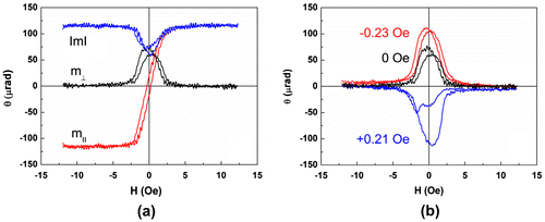 Figure 12. LMOKE magnetic field dependences in case when magnetic field is perpendicular to EA. Shown are m⊥, m|| and │m│ components for Hbias = 0 (a) and m⊥ component for bias field Hbias = +0.21 Oe, 0 Oe, –0.23 Oe, applied along EA (b).