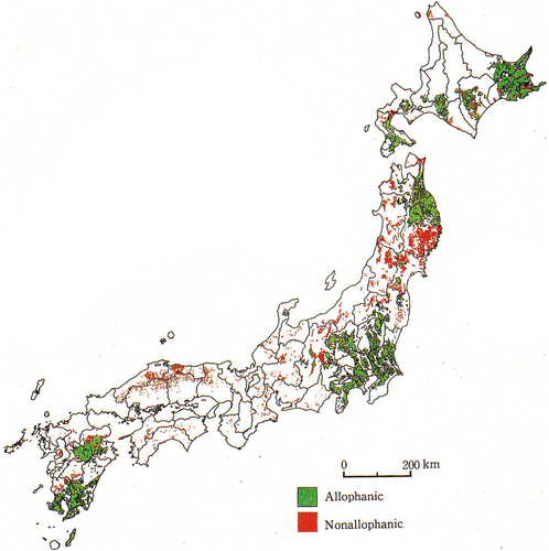 Figure 3. Distribution of allophanic Andosols and non-allophanic Andosols in Japan (Saigusa and Matsuyama, 1998).