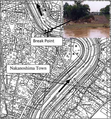 Figure 2 Break point and inundated region at Nakanoshima Town