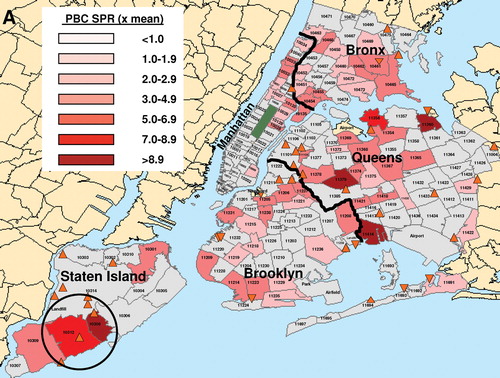 FIG. 1A Standardized Prevalence Ratio of PBC-OLT (A) and PSC-OLT (B) by zip code. Darker shading indicates a higher standardized prevalence ratio (spr). Thick black lines indicate the border between boroughs. Superfund sites are denoted by orange triangles. Statistically significant disease clusters associated with the location of Superfund sites in Staten Island are denoted by circles. PBC-OLT, PBC patients listed for liver transplantation; PSC-OLT, PSC patients listed for liver transplantation.