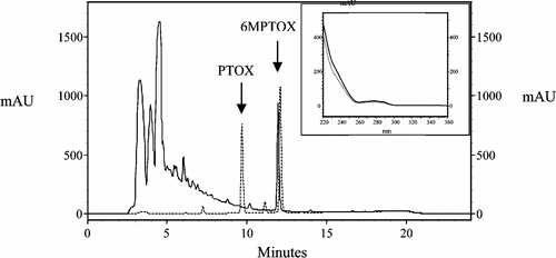Figure 1. HPLC analysis (detection at 230 nm) of an extract from Linum boissieri. suspension cells harvested on day 14 showing 6-methoxypodophyllotoxin (6MPTOX) at Rt 11.8 min. (solid line) in comparison with an authentic standard of podophyllotoxin (Rt 9.8 min) and 6MPTOX (dotted line). The insert shows the comparison of spectra of the 6MPTOX from the plant extract (solid line) and the standard (dotted line).