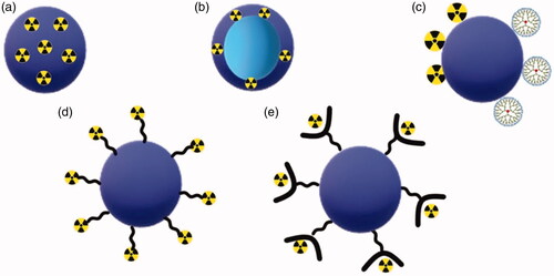 Figure 4. Different types of polymeric nanoparticles design for therapeutic and diagnostic applications. (a) Nanosphere with radioactive material loaded into polymeric matrix; (b) nanocapsule containing radioactive material in the polymeric shell; (c) radioactive material and dendrimers attached to polymeric nanoparticles; (d) surface modification with radioactive material attached to polymeric NP by direct labeling process; and (e) surface modification with radioactive material attached to polymeric nanoparticles by indirect labeling process.