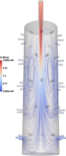 Figure 6. Visualization of the flow inside the inner chamber. Flow streamlines are plotted and colored by the magnitude of the flow velocity.