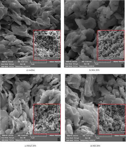 Figure 5. Micrograph of membranes (5000 X): (a) mullite, (b) MA 50%, (c) MAZ 20% and (d) MZ 20%.