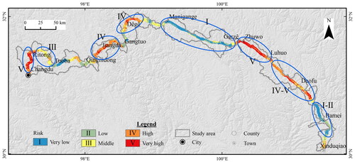 Figure 11. Debris flow risk zoning map on the northern line of the Sichuan-Tibet Highway.