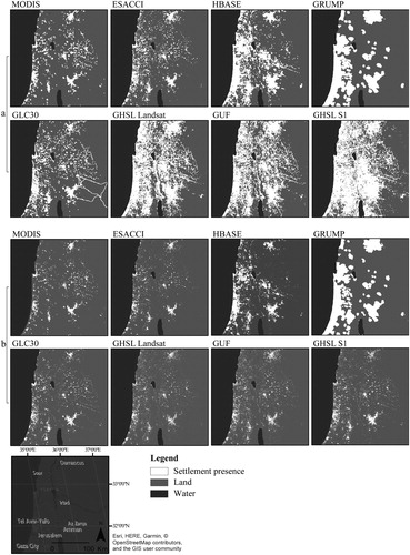 Figure 1. Comparison of the products approximating human settlement and built-up surfaces (a), and the resultant settlement masks (b).