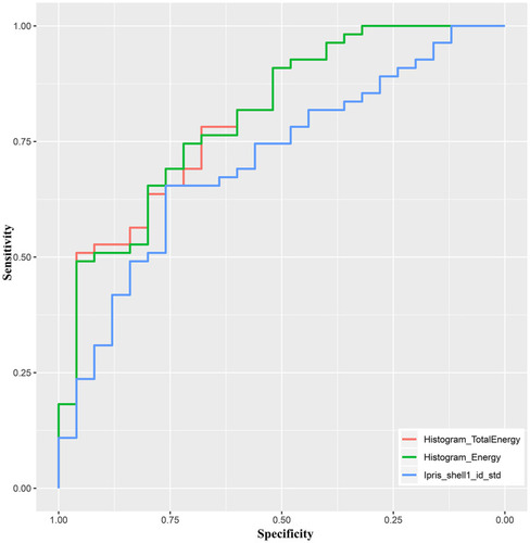 Figure 4 Receiver operating characteristic curves of the top three features for distinguishing between benign and malignant testicular lesions.