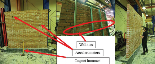 Figure 6. Brick veneer wall system in the University of Newcastle Civil Eng. laboratory for non-destructive assessment (scale 1:1). Input modal impact hammer shown on right, with removable wall ties shown in the middle, and adjustable output accelerometers shown on left.