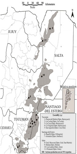 Fig. 1 Location of field trials monitored for charcoal rot in soybean during the 2008–2012 seasons. 1: Puesto del Medio (Burruyacú), 2: La Cocha (La Cocha), 3: La Cruz (Burruyacú), 4: La Virginia (Burruyacú) and 5: San Agustín (Cruz Alta) in the province of Tucumán. 6: Rapelli (Pellegrini) and 7: Arenales (Jiménez) in the province of Santiago del Estero. 8: General Mosconi (General San Martín), 9: Metán (Metán), 10: Las Lajitas (Anta) and 11: Pichanal (Orán) in the province of Salta.