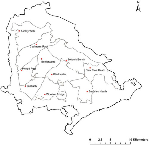 Figure 1. Map of the New Forest National Park showing management units in grey and surveyed car park locations marked in red (derived from Ordnance Survey data © Crown copyright and database right 2016).