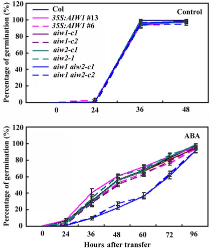 Figure 5. Effects of ABA on seed germination of the Col wild type, the 35S:AIW1 transgenic plants, the aiw1 and aiw2 single and the aiw1 aiw2 double mutants. Sterilized seeds of the Col wild type, the 35S:AIW1 transgenic plants, the aiw1 and aiw2 single, and the aiw1 aiw2 double mutants were plated on 1/2 MS plates with or without 1 µM ABA. The plates were kept at 4°C and in darkness for 2 days before transferred to a growth room. The number of seeds germinated was counted at indicated time points, and percentage of germination was calculated. Data represent the mean ± SD of three replicates.