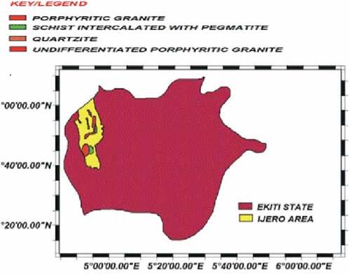 Figure 1. Geological map of Ijero Ekiti (Modified after Ale, Dada, & Adewumi, Citation2014)