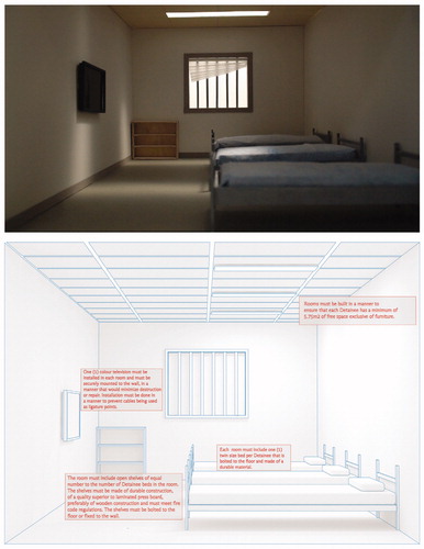 Figure 11. Still from a video of a 1:10 model of a detainee accommodation room, compared to the drawing of the space as reconstructed from room space guidelines. Each accommodation unit is installed with a color television, and all furniture is penitentiary grade to mitigate self-harm. The furniture was reconstructed based on dimensions and images of CORCAN furnishings. (Drawing and photograph by author.)