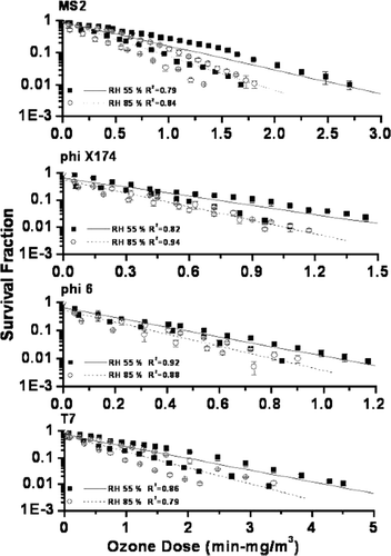 FIG. 3 Survival fraction of airborne MS2, phi X174, phi 6, and T7 exposed to different ozone doses at RH 55% and 85%. Error bars represent one standard deviation of the mean of at least three trials