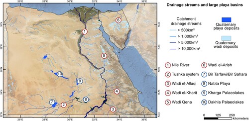 Figure 2. Drainage systems in Egypt based on the HydroSHED dataset (CitationLehner et al., Citation2006) and Quaternary playa and wadi deposits based on geological maps of Egypt 1:500,000 (CitationConoco, Citation1987) with the largest drainage streams (red 1–6) and major palaeolakes (blue 7–10).