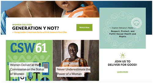 Figure 5. “Woman Deliver” campaign website that has many interactive links to relevant resources about birth control.