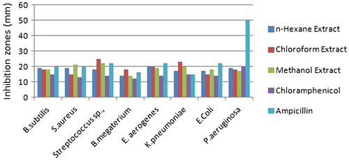 Figure 2. Antibacterial activity of crude extracts of Caralluma lasiantha Roots.
