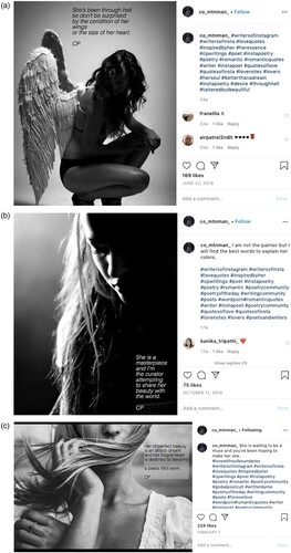 Figure 1. (a–c) Examples of Instapoems capitalising cyclical victimhood of the poetic female subject. Photos by @co_mtnman_ on 22 June 2019, 11 October 2019, and 7 February 2020, Instagram. Screenshots taken by author on 23 March 2020.