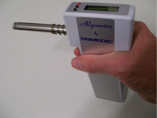 Fig. 1 Picture of the deep tissue pressure algometer with electronic force gauge (Algometer II®, SB-Medic, Sweden) used in the study.