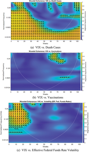Figure 3. Wavelet Coherency Table 1. Baseline Regression Results. (a) VIX vs. Death Cases. (b) VIX vs. Vaccinations. (c) VIX vs. Effective Federal Funds Rate Volatility.