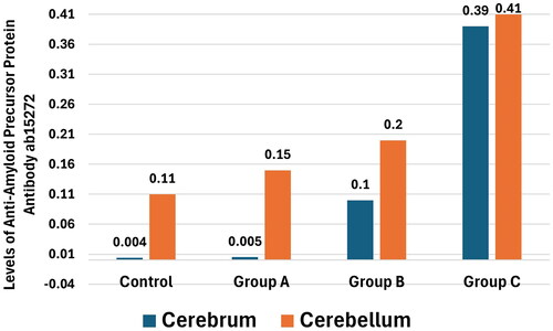 Figure 8. The levels of anti-amyloid precursor protein antibody ab15272 in the cerebrum and cerebellum across the four study groups., p < 0.001.