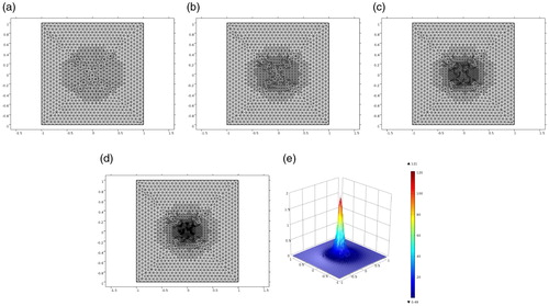 Figure 2. Test 1(b). (a)–(d) Locally adaptively refined meshes of Table 2. (e) Computed solution on the four times adaptively refined mesh (d).