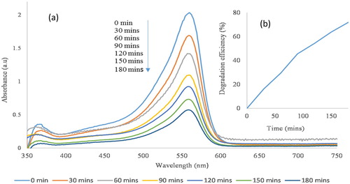 Figure 11. (a) Photocatalytic degradation of PR using broc-ZnO as a catalyst and under UV irradiation and inset and (b) spectra of percentage degradation.