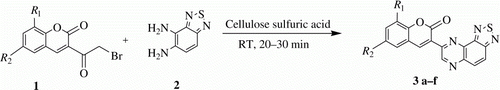 Scheme 1.  A mixture of benzo[c][1,2,5]thiadiazole-4,5-diamine (3.0 mmol), 2-(2-Bromo-acetyl)-benzo[f]chromen-3-one (3.0 mmol) and cellulose sulfuric acid (0.08g), r.t