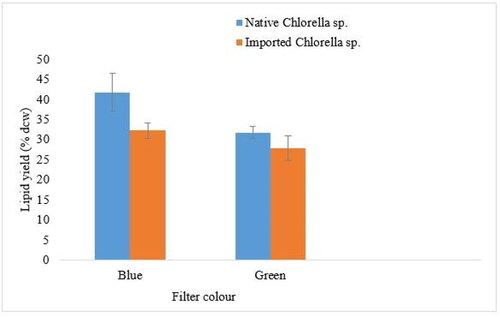 Figure 4. Lipid yield of the native and imported Chlorella strains under the blue and green coloured light filters. Values are means ± SD for duplicate samples.