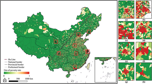 Figure 8. Township scale distribution the of out-of-poverty rate in 2019. (a) Beijing, (b) Shanghai, (c) Guangzhou, (d) Chengdu, (e) Wuhan, (f) Zhengzhou, (g) Shenyang, (h) Xining.