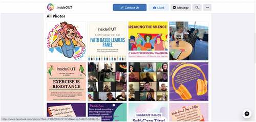 Figure 5. InsideOUT kōaro’s Facebook page demonstrating a strong narrative of inclusivity, a wide range of issues addressed, highly personalized & personalizable space, and a bridging of online/offline. All of their social media pages are places of hope.