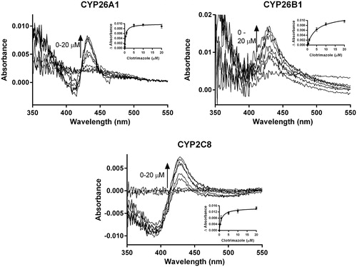 Figure 9. Spectral binding results for clotrimazole with recombinantly expressed CYP26A1, CYP26B1 or CYP2C8, suggesting enzyme inhibition occurs through type II binding interactions with the heme. Ks,unb affinity constants for CYP26A1 (13.3 nM), CYP26B1 (24.7 nM) and CYP2C8 (75.5 nM) were determined through nonlinear regression analysis (inset figures) and corrected for nonspecific binding in the in vitro assays.